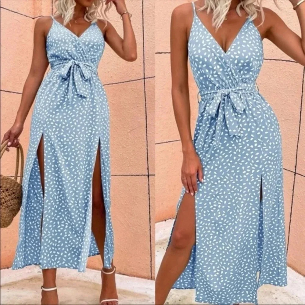Baby Blue Boho Floral Midi Dress | Summer Wrap Dress with Tie Waist & Slit
